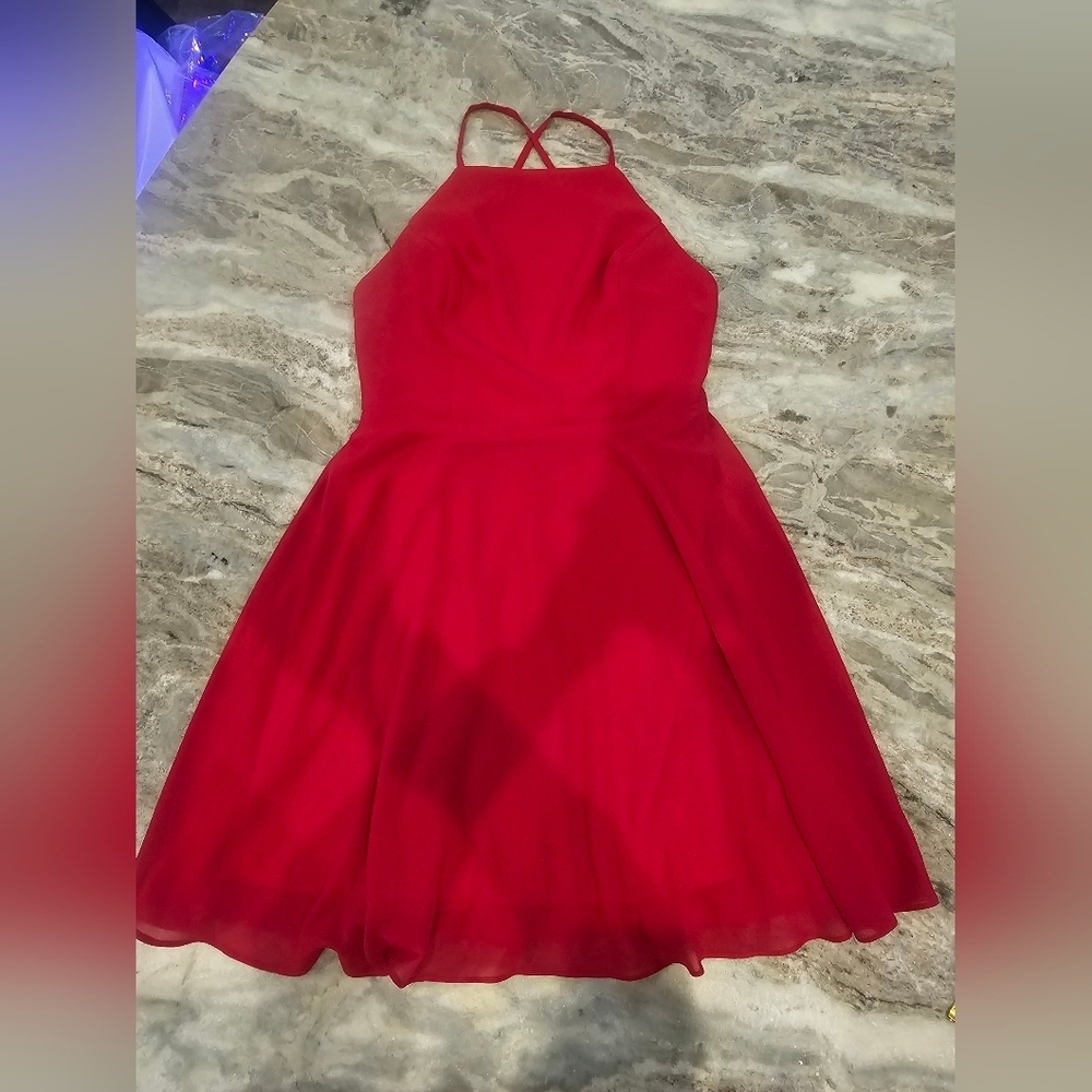 Lulus Red Fit & Flare Dress Small – Halter Crisscross Back Chiffon Lined Party